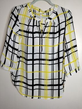 NY Collection (Size M) Multicolored Plaid V-Neck Button Cuff 3/4 Sleeves Blouse
